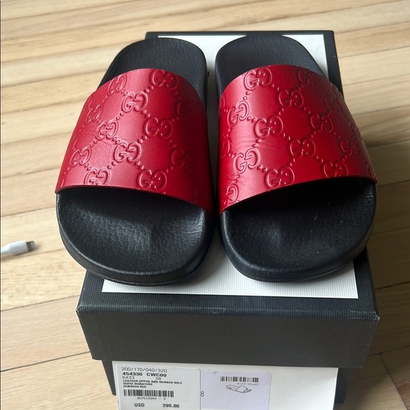 Authentic Gucci Red and Black Embossed Slides - Picture 1 of 4